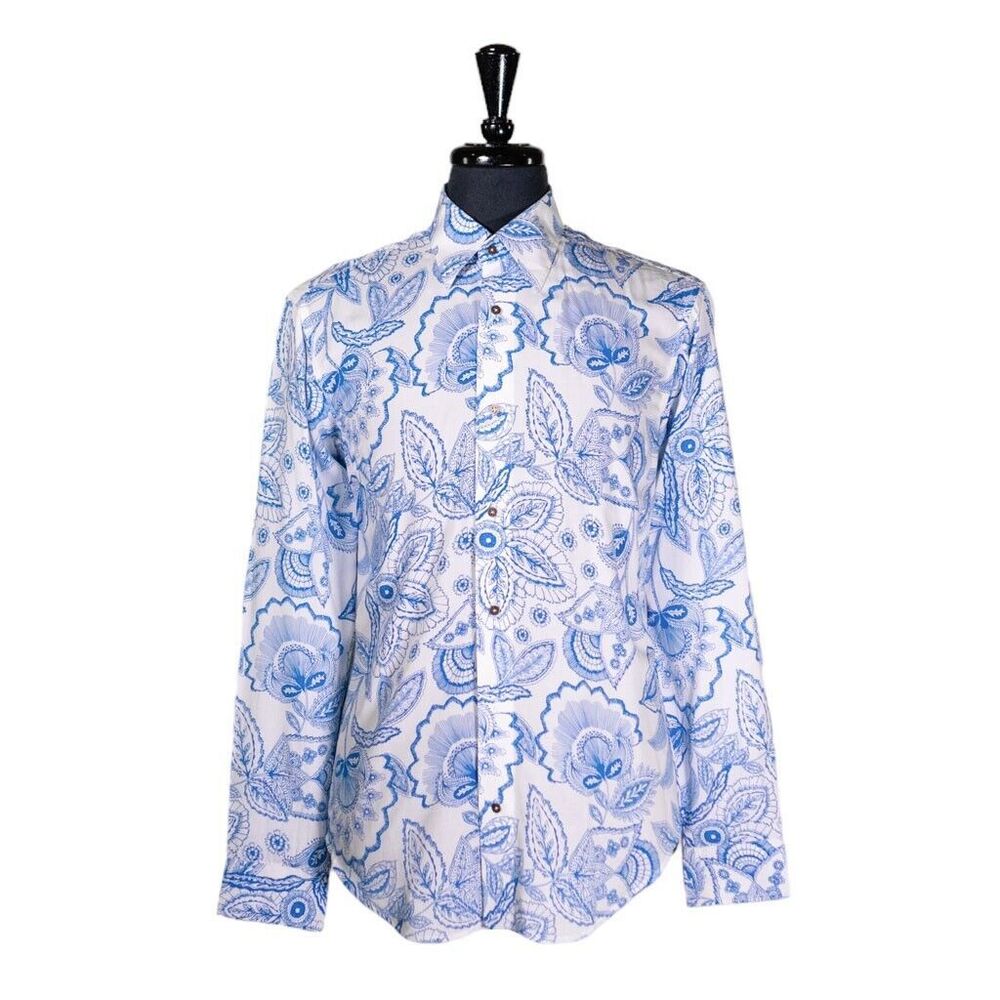 Mens Shirt Button Up Blue White Floral Cotton Dress Casual Hawaiian Beach Medium